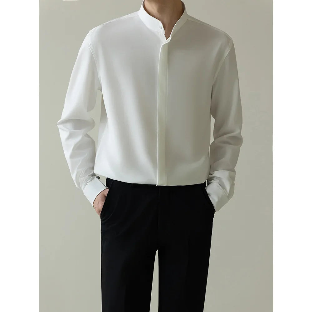 Style Men's Shirt Autumn Lightweight Fashion Korean Version Slims Smooths Silhouette Non-iron Business Ice Silk Sleeve Trendy - Ellianto fashion Men's