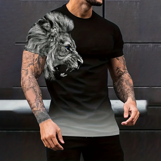 Lion Pattern Print Men's Vintage T-Shirt Gradient Graphic Tee Men's Summer Outdoor Casual Male Clothing Short Sleeve Top For Man - Ellianto fashion Men's