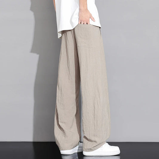 Men’s Thin Ice Silk Linen Casual Pants – Lightweight Wide-Leg Trousers with Drawstring, Straight Baggy Fit, and Elastic Waist for Effortless Comfort