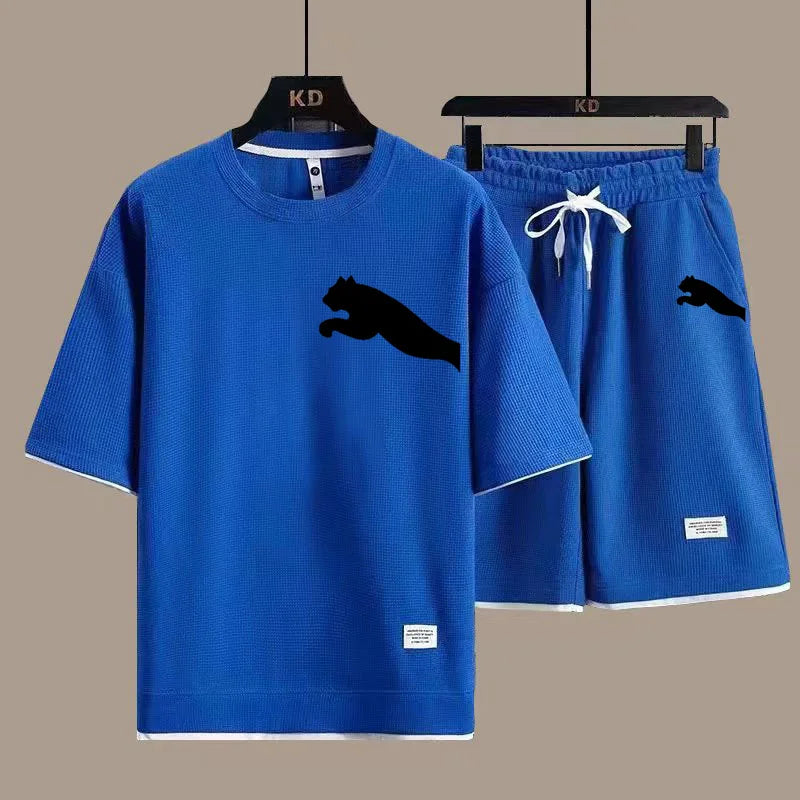Set 2025 new casual sportswear for men summer two-piece clothing short-sleeved round neck and shorts two fashionable clothes - Ellianto fashion Men's