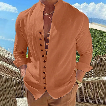 100% pure cotton linen hot selling fashion men's long sleeved shirt solid color stand up collar casual style men's S-3XXL - Ellianto fashion Men's