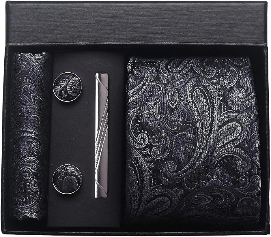 100% Silk Necktie Paisley Floral Mens Tie Top Quality Business Tie Pocket Square Tie Clip Cufflinks Set Classic For Men Gift Box - Ellianto fashion Men's