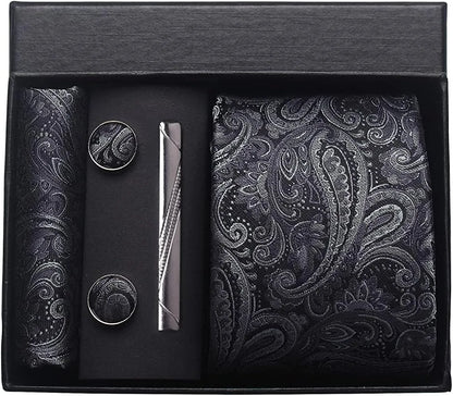 100% Silk Necktie Paisley Floral Mens Tie Top Quality Business Tie Pocket Square Tie Clip Cufflinks Set Classic For Men Gift Box - Ellianto fashion Men's