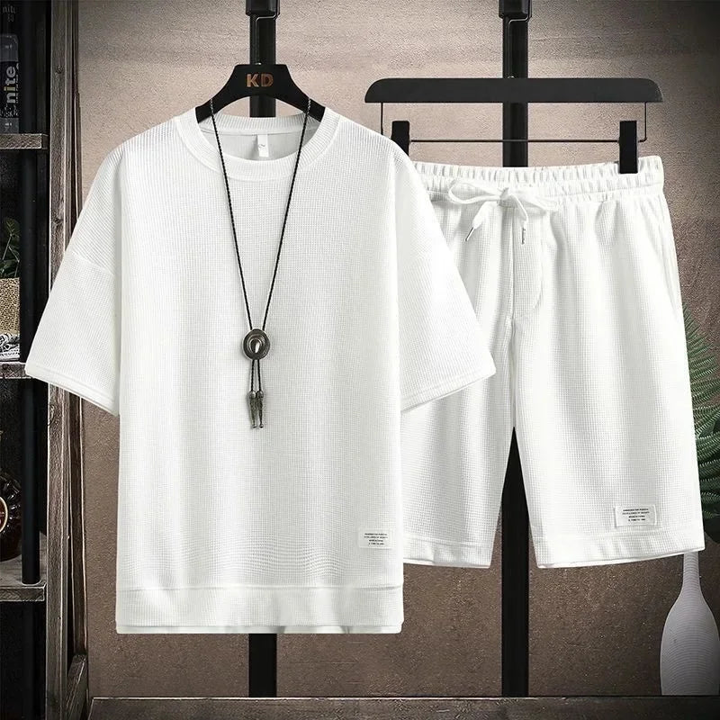 Casual Men's Sportswear Set Summer Short Sleeve Drawstring Shorts Loose Five-Quarter Pants Thin Male Outfit Two-Piece Suit - Ellianto fashion Men's