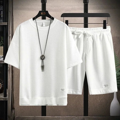 Casual Men's Sportswear Set Summer Short Sleeve Drawstring Shorts Loose Five-Quarter Pants Thin Male Outfit Two-Piece Suit - Ellianto fashion Men's