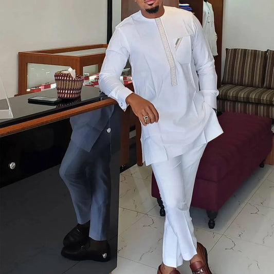 Wedding Suit For Men White Embroidered Pocket Top Pants Ensemble Homme African Traditional Casual Wear 2Pcs Sets Kaftan Outfits - Ellianto fashion Men's