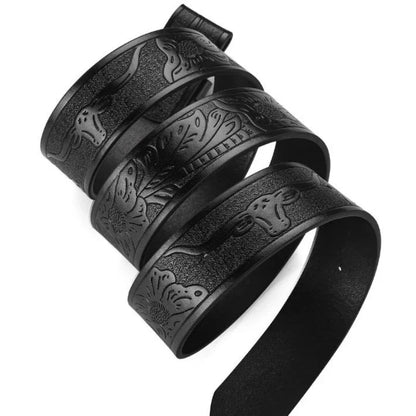 New Men's Western Cowboy Belt - Cool Handsome Black Faux Leather with Embossed Design and Stylish Alloy Buckle men belt - Ellianto fashion Men's
