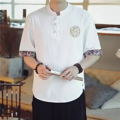 Men’s Chinese-Style Summer Cotton-Linen Short-Sleeve Shirt – Lightweight Comfort with Elegant Embroidered Crane Design for the Modern Gentleman