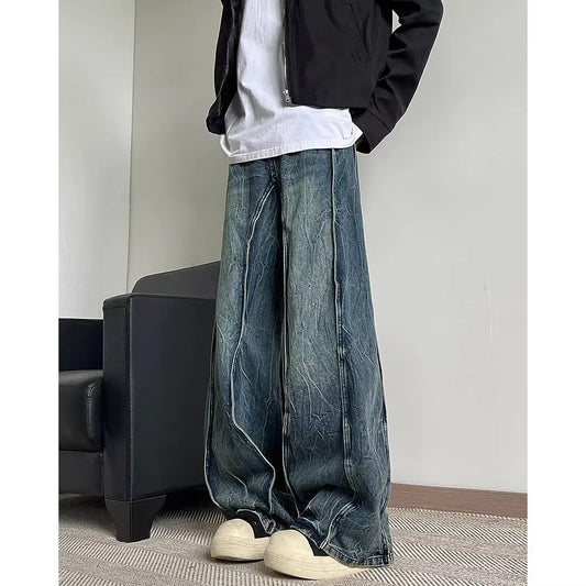 American high street men and women trendy silhouette splicing straight leg jeans couple spring loose retro casual pants - Ellianto fashion Men's
