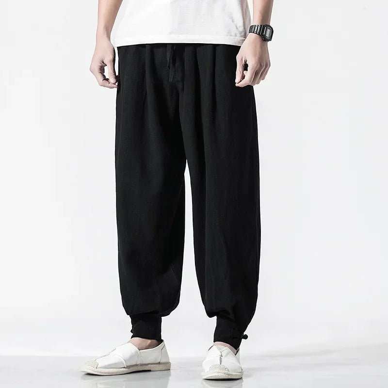 Loose-fit Cotton Linen Men's Women's Monk Pants No Tying Required Casual Spring Summer Long Pants For Zen Meditation - Ellianto fashion Men's