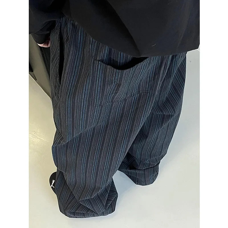 Retro Black Blue Vertical Stripes Cotton Wide Leg Pants Men's Fashionable Trousers Can Be Cuffed Or Dragged on the Ground - Ellianto fashion Men's