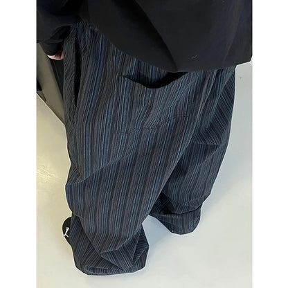Retro Black Blue Vertical Stripes Cotton Wide Leg Pants Men's Fashionable Trousers Can Be Cuffed Or Dragged on the Ground - Ellianto fashion Men's