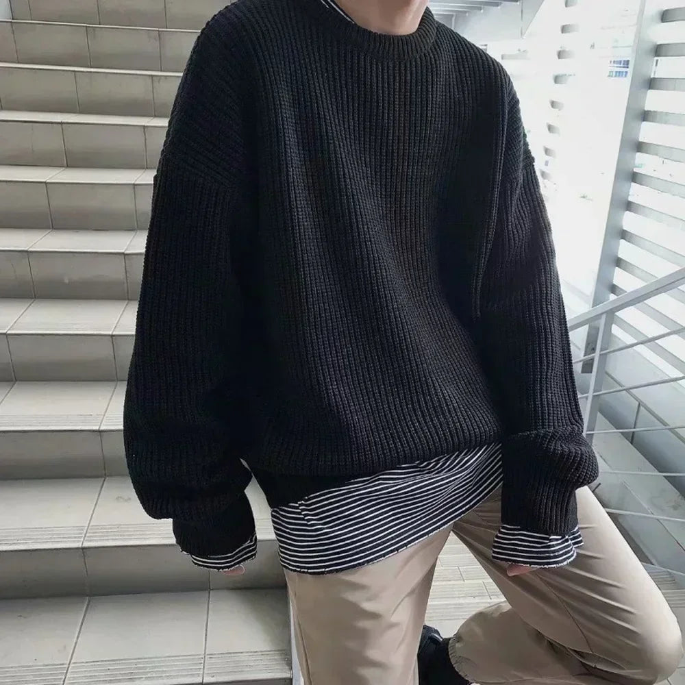 Korean Fashion Sweaters Men Autumn Solid Color Wool Sweaters Slim Fit Men Street Wear Mens Clothes Knitted Sweater Men Pullovers - Ellianto fashion Men's