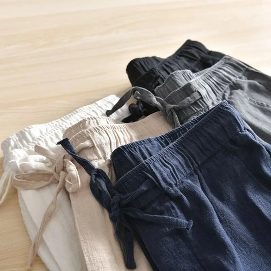 Men's Cotton Linen Casual Pants Baggy Streetwear Men Joggers Sports Trousers Solid Color Long Straight Trendy Pants for Men - Ellianto fashion Men's