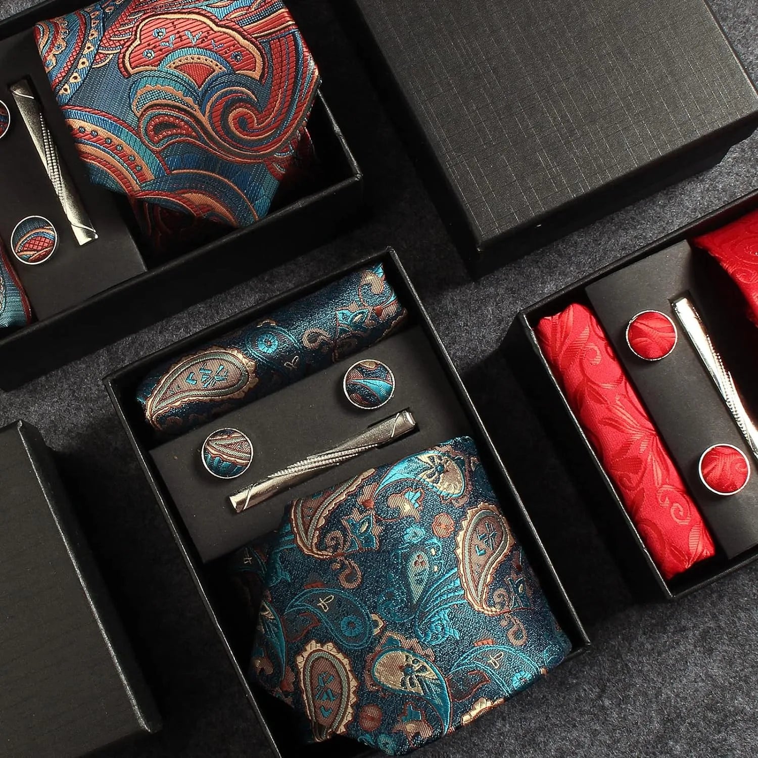 100% Silk Necktie Paisley Floral Mens Tie Top Quality Business Tie Pocket Square Tie Clip Cufflinks Set Classic For Men Gift Box - Ellianto fashion Men's