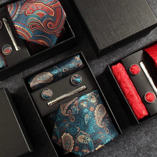 100% Silk Necktie Paisley Floral Mens Tie Top Quality Business Tie Pocket Square Tie Clip Cufflinks Set Classic For Men Gift Box - Ellianto fashion Men's
