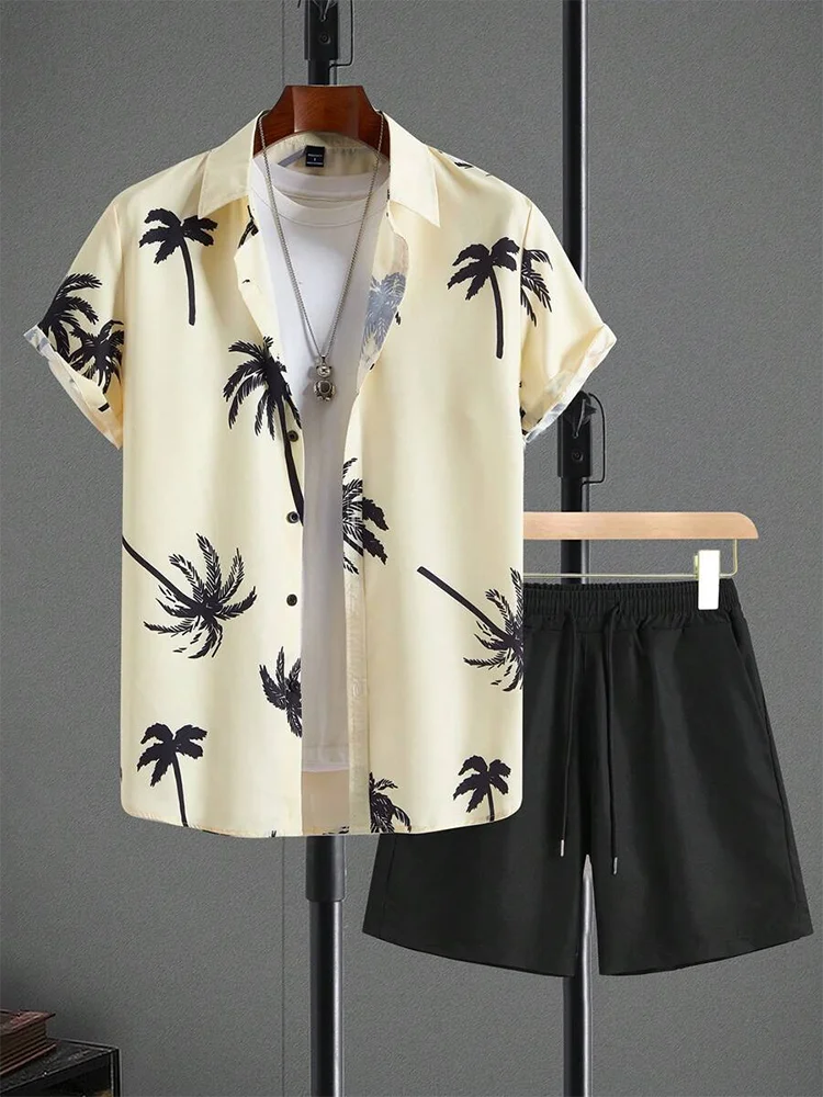 Set Hawaiian Coconut Tree Print Men's Shirt Summer Short Sleeve Tops Beach Shorts 2 Piece Sets Casual Vacation Style Outfit Clothing - Ellianto fashion Men's