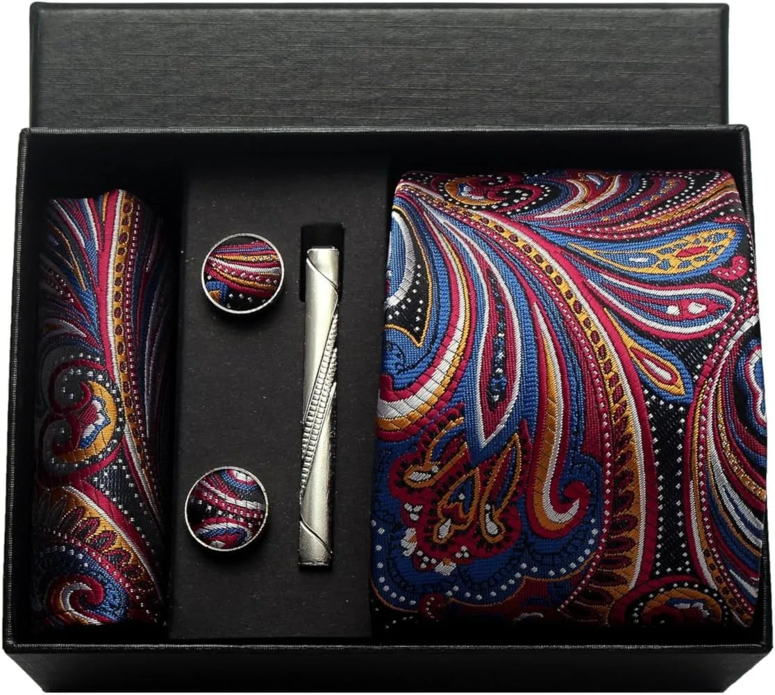 100% Silk Necktie Paisley Floral Mens Tie Top Quality Business Tie Pocket Square Tie Clip Cufflinks Set Classic For Men Gift Box - Ellianto fashion Men's