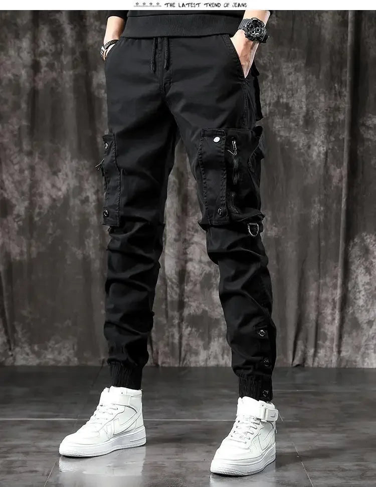 Trendy Men's Spring Autumn Cargo Pants Slim Fit Casual Style Loose Fit American Style Multiple Pocket Small Foot Pants Black - Ellianto fashion Men's