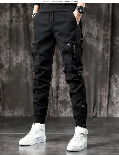 Trendy Men's Spring Autumn Cargo Pants Slim Fit Casual Style Loose Fit American Style Multiple Pocket Small Foot Pants Black - Ellianto fashion Men's