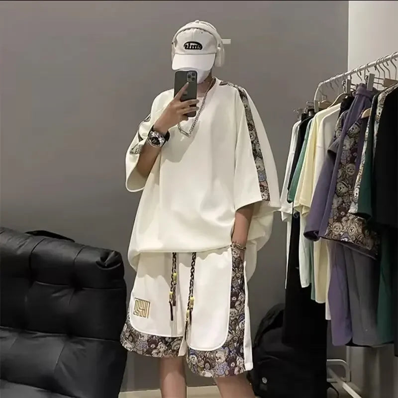 Chinese Style Men's Loose-fit Short Sleeve T-shirt Patchwork Design Sensibility Summer Sport Casual 2-piece Set - Ellianto fashion Men's