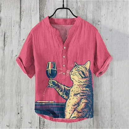 New short-sleeved V-neck shirt short-sleeved 3D printed linen shirt retro fish linen shirt comfortable men's breathable shirt - Ellianto fashion Men's