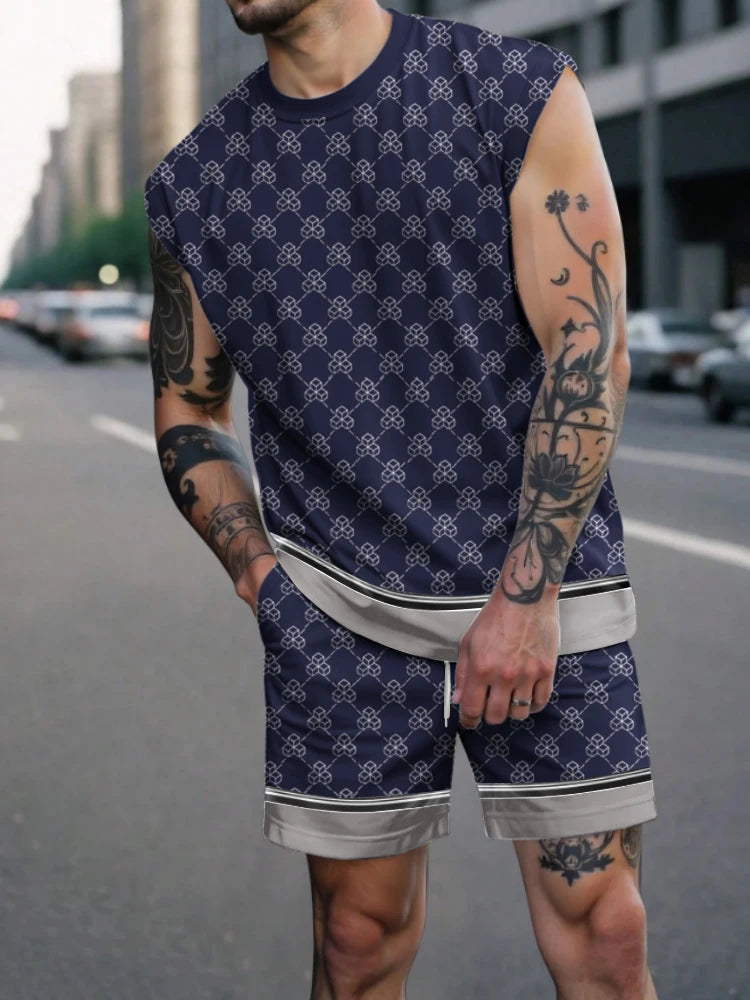 Set 2025 Man New Summer 2 Piece Matching Suits Men's All Graphic Printed Outfits Bohemian Beach Sleeveless Tank and Short Sets - Ellianto fashion Men's