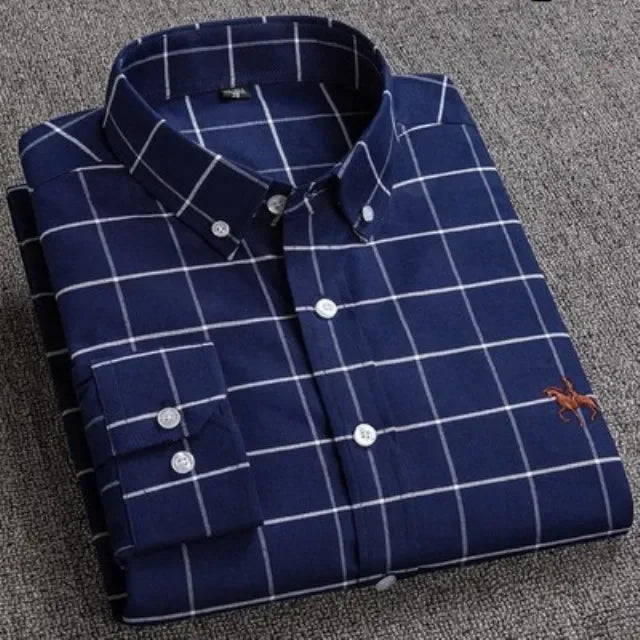 Casual Pure Cotton Oxford Mens Shirts Long Sleeve Embroidery Horse Design Regular Fit Fashion Button Man White Dress Shirt - Ellianto fashion Men's