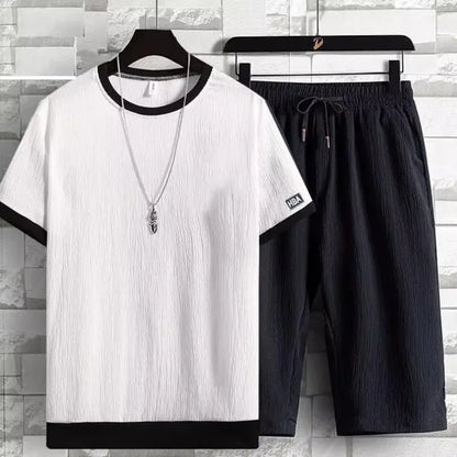 Summer Casual Ice Silk Short Sleeve T-Shirt Shorts Set for Men Fashionable Two-Piece Suit Lightweight Male Clothing Ensemble - Ellianto fashion Men's