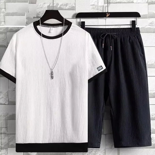 Summer Casual Ice Silk Short Sleeve T-Shirt Shorts Set for Men Fashionable Two-Piece Suit Lightweight Male Clothing Ensemble - Ellianto fashion Men's