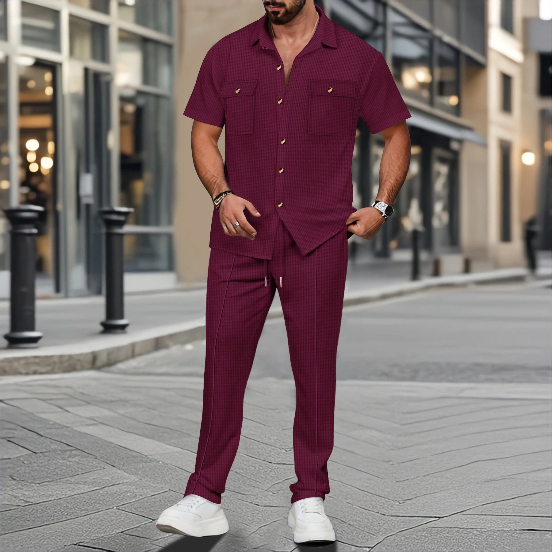 2025 Men's summer new solid color button chest double pocket shirt short sleeve trousers casual two sets - Ellianto fashion Men's