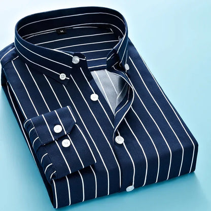Men's Long Sleeve Blue White Striped Shirt Dress Fashion Standard-fit Button Down Shirts Blouse Men Hip-hop Streetwear Camisas - Ellianto fashion Men's