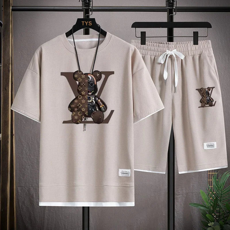 Set 2025 Summer Trend European and American men's sportswear Set: A brand-new outdoor jogging casual breathable short-sleeved T-shir - Ellianto fashion Men's