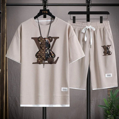 Set 2025 Summer Trend European and American men's sportswear Set: A brand-new outdoor jogging casual breathable short-sleeved T-shir - Ellianto fashion Men's