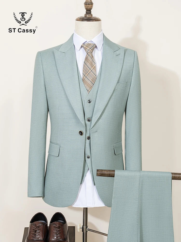 ST Cassy High Quality Men's Suit Summer thin Green Slim Fit Formal Business Office Men's Suits（jacket+Vest+Pants） - Ellianto fashion Men's