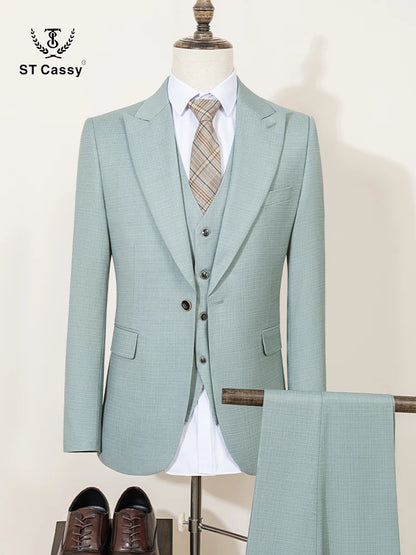 ST Cassy High Quality Men's Suit Summer thin Green Slim Fit Formal Business Office Men's Suits（jacket+Vest+Pants） - Ellianto fashion Men's