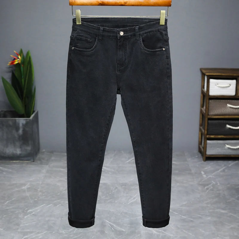 Korean black gray Skinny Tight Business Fashion Men Slim Fit Jeans Trendy Stretch denim Casual Small Legs Men's Pencil Pants - Ellianto fashion Men's