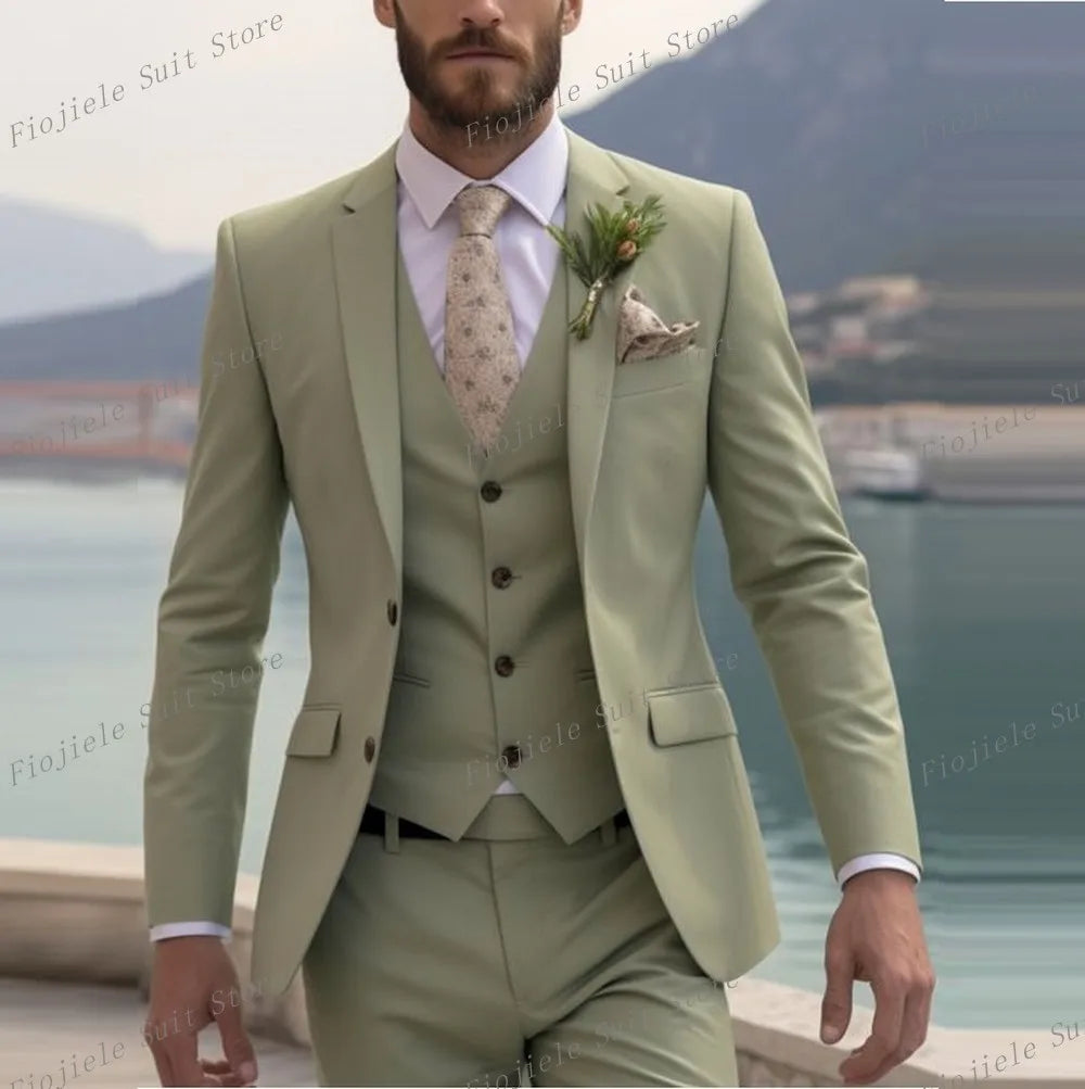 New Beige Business Suit Men Tuxedos Groom Groomsman Prom Wedding Party Formal 3 Piece Set Jacket Vest Pants - Ellianto fashion Men's