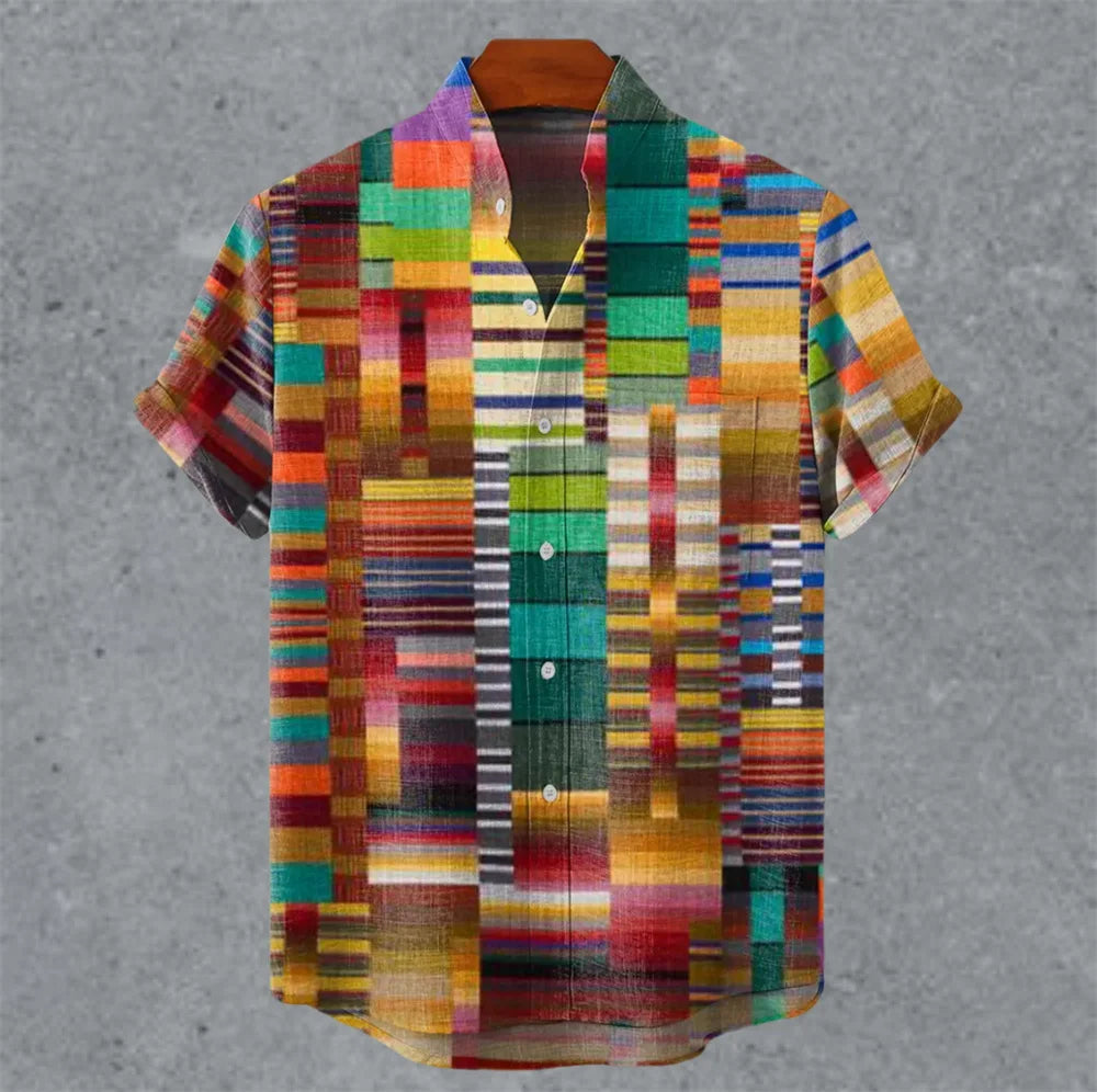 Art retro vintage men's shirt with mottled marks, standing collar printed short sleeved shirt, casual and comfortable top S-5XL - Ellianto fashion Men's