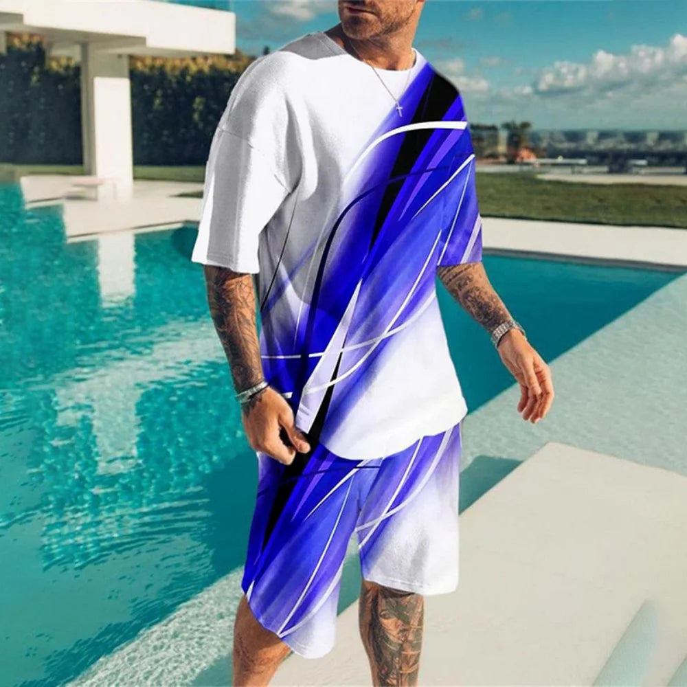 Set 2025 Men's Sports Set Graphic Print Workout Streetwear Matching Tracksuit Casual O-neck Short Sleeve Tees And Shorts Outfits - Ellianto fashion Men's