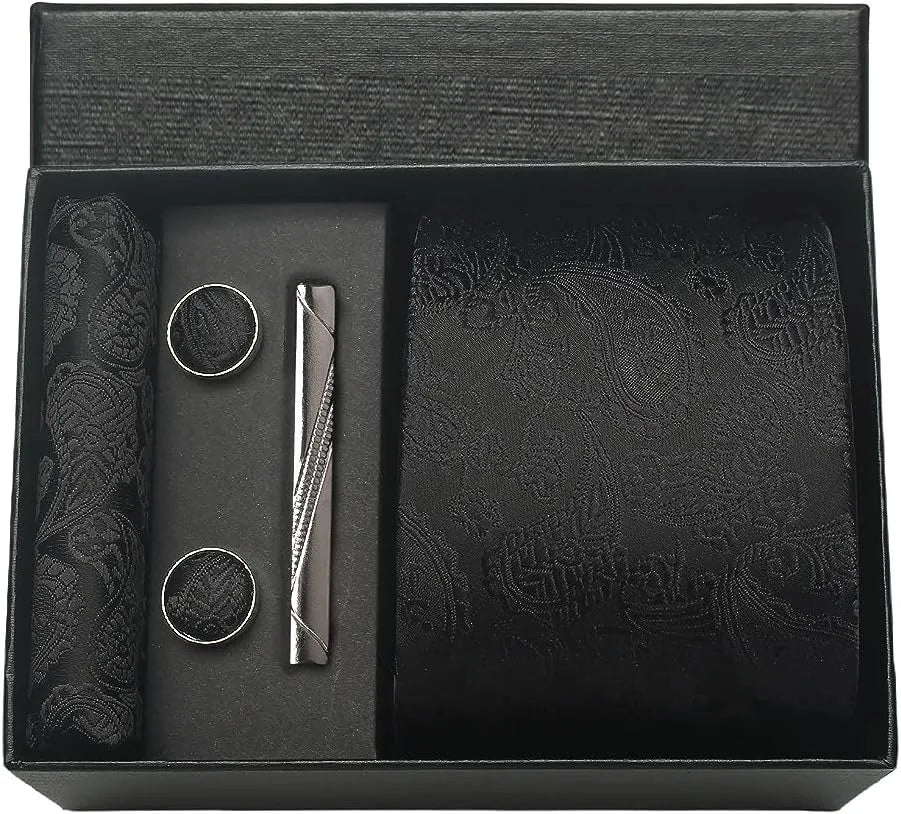 100% Silk Necktie Paisley Floral Mens Tie Top Quality Business Tie Pocket Square Tie Clip Cufflinks Set Classic For Men Gift Box - Ellianto fashion Men's