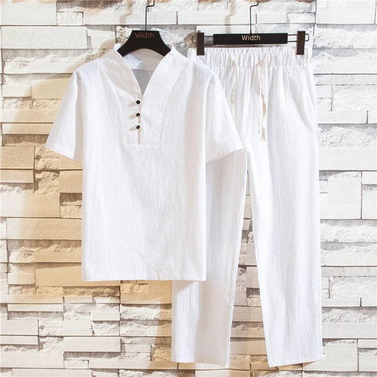 Linen Suit Men's Summer Short Sleeve Hanfu Ancient Buddhist System Zhenshi V-neck T-shirt Cotton Linen 2-piece Set - Ellianto fashion Men's