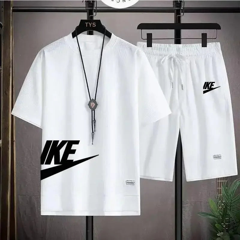 2025 Men's breathable short-sleeved T-shirt + jogging shorts two-piece summer fashion quick-dry fitness leisure sports suit - Ellianto fashion Men's