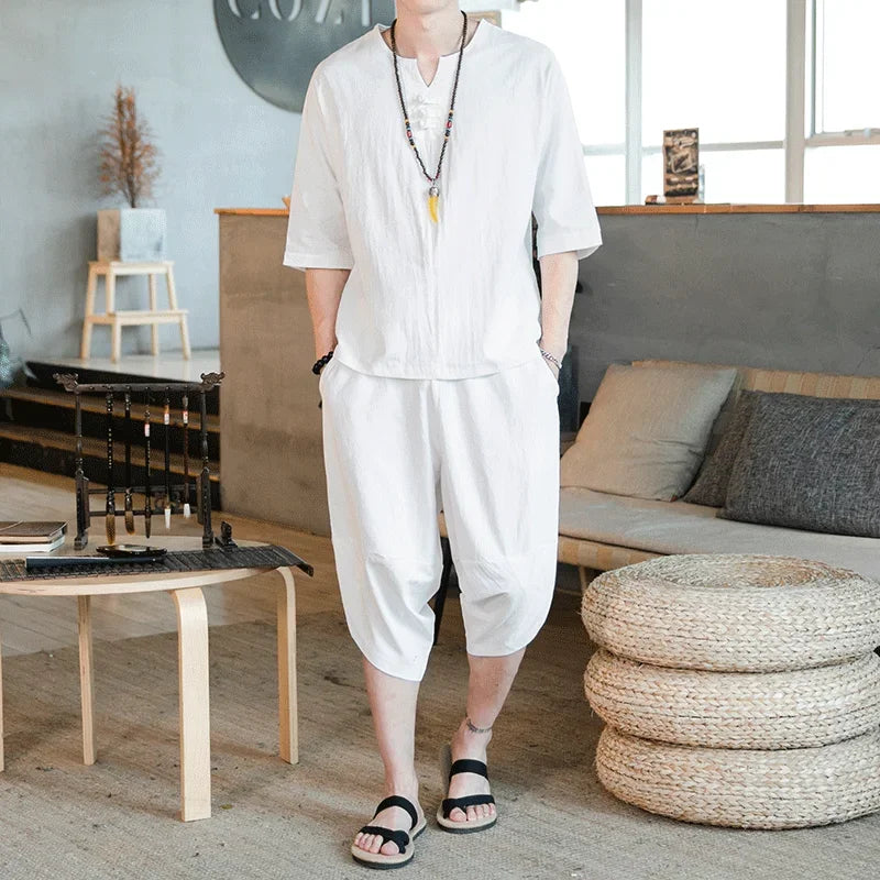 Men's Loose-fit Casual Pants Set Chinese Style Cotton Linen Short Sleeve Shirt Seven-point Shorts Two-piece Suit - Ellianto fashion Men's