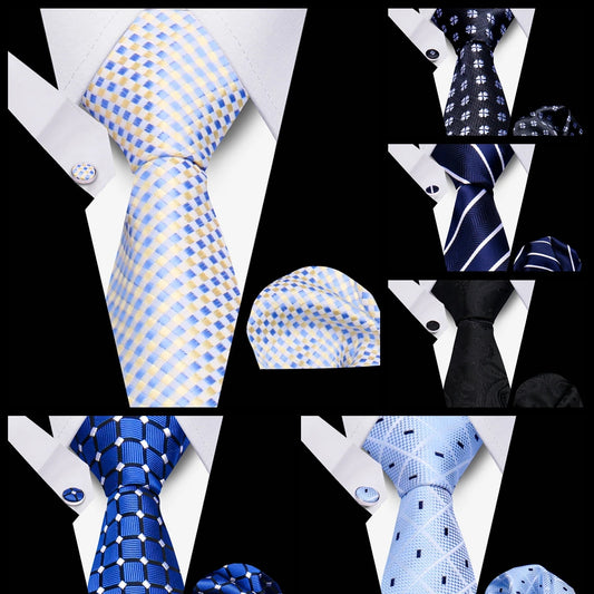 Tie Men Business Necktie Set Classic Plaid Cufflinks Handkerchief For Suit Wedding High Quality 3pcs Ties Sets Formal Gravata - Ellianto fashion Men's