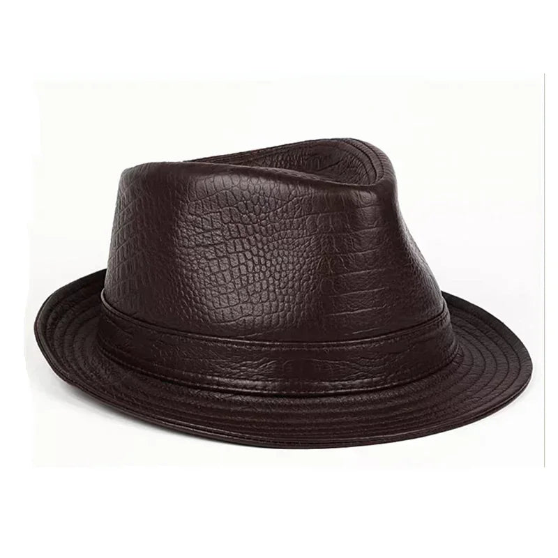 Man High Quality Genuine Leather Jazz Fedora Gentleman CowSkin Short Brim Black/Brown Fitted Top Hat Print Crocodile Pattern - Ellianto fashion Men's