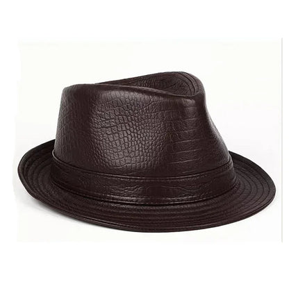 Man High Quality Genuine Leather Jazz Fedora Gentleman CowSkin Short Brim Black/Brown Fitted Top Hat Print Crocodile Pattern - Ellianto fashion Men's