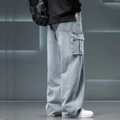 8XL Jeans New Wide Leg Washing Pants Men Trousers Neutral Solid Color Loose Casual Korean Fashion Pocket Plus Size Cargo Pant - Ellianto fashion Men's