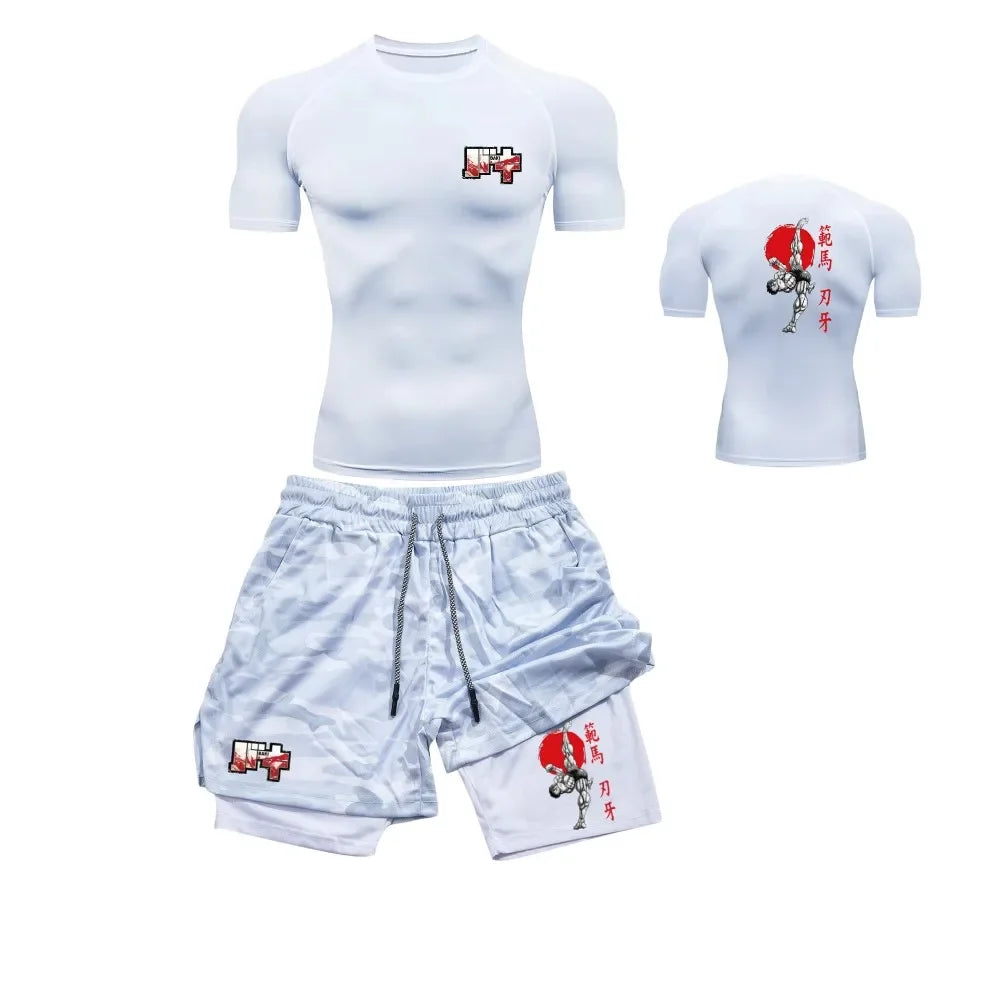 Men’s & Women’s Stylish Sports Set – Quick-Dry Fitness Wear with Baki Hanma Print & 2-in-1 Shorts