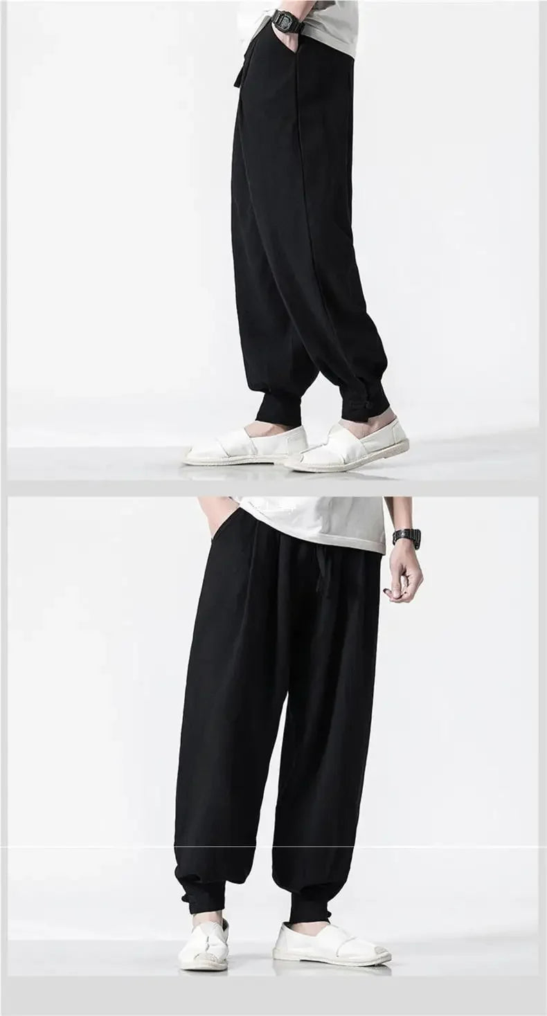 Loose-fit Cotton Linen Men's Women's Monk Pants No Tying Required Casual Spring Summer Long Pants For Zen Meditation - Ellianto fashion Men's